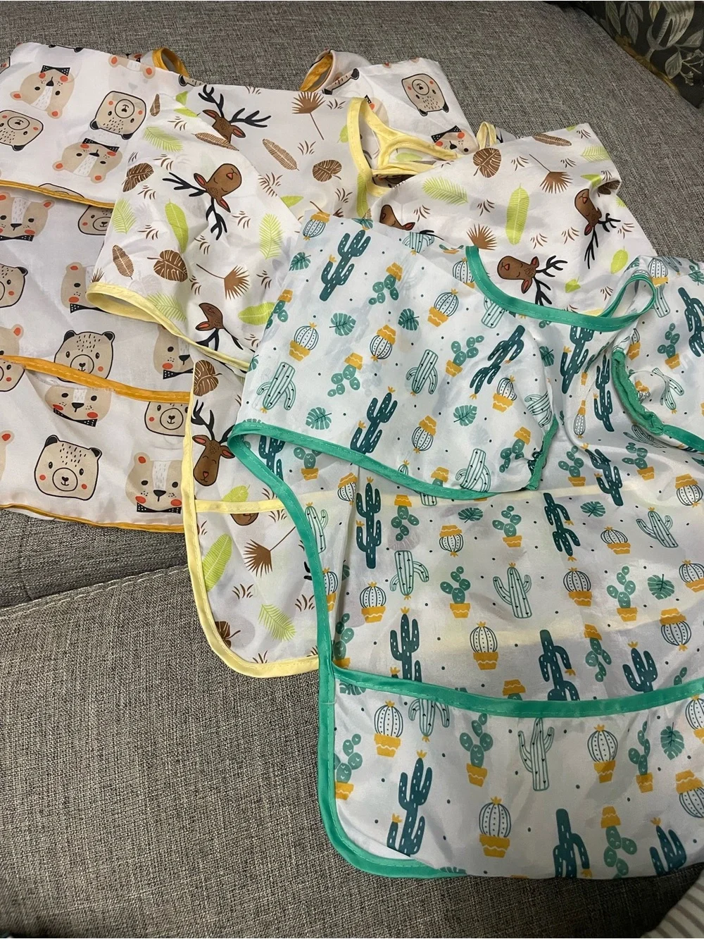 Set of Kids Waterproof Bibs with Cactus & Animal Prints - Green and Yellow